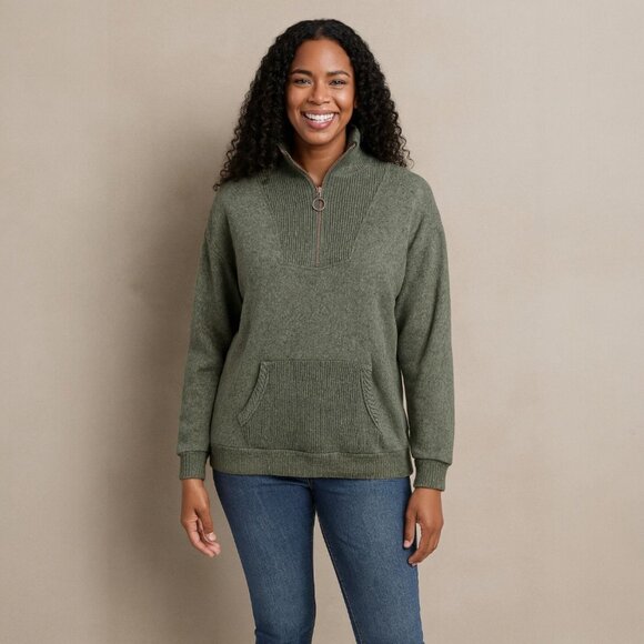 Cozy Olive Green Quarter Zip Pullover Sweater Soft Knit Minimalist Loungecore - Picture 4 of 9